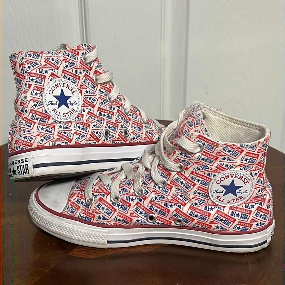 🔥🔥 CONVERSE‎ Hi-Tops Red White Blue All Over Print - Big KIDS Sz 1 - PERFECT